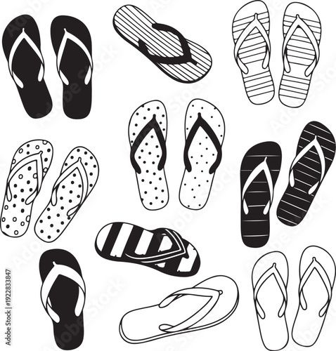 Collection of flipflops in various designs and styles for summer vacation or beach activities