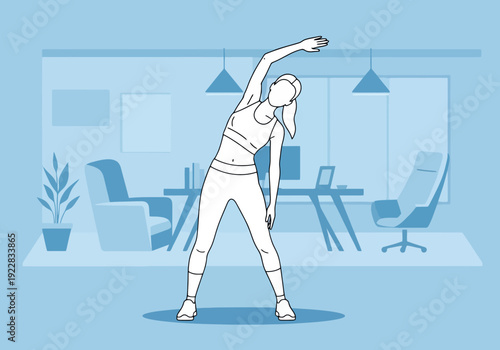 Active Woman Stretching Side Body Exercise Indoors Near Desk and Chairs in Modern Office for Healthy Lifestyle Concept