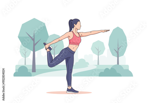 Woman performing yoga stretching pose outdoors on park path with stylized trees in background during daytime healthy lifestyle fitness concept