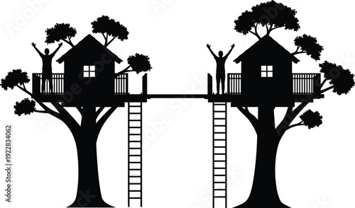 Black treehouse silhouette set with two wooden houses on trees connected by bridge and ladders isolated on white background for adventure