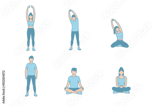 Man and woman performing various stretching and meditation poses for wellness and exercise on white background