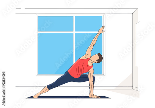 Man performs Extended Side Angle pose on yoga mat in bright room by window for wellness and stretching