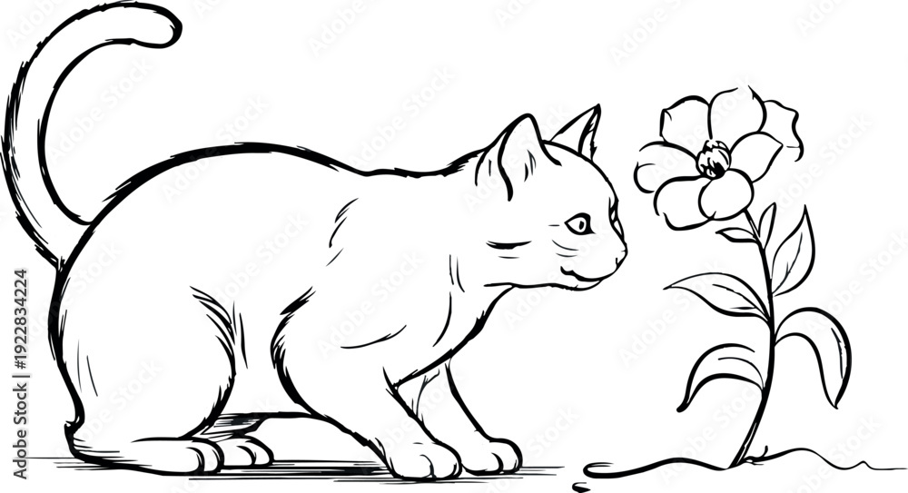 Fototapeta premium Curious Kitten Vector Set Cat Sniffing Flower Silhouette