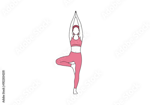 Person practicing yoga tree pose with arms raised in upward prayer and one leg bent inward for balance and focus exercise
