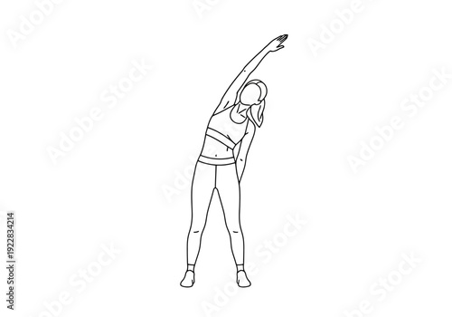 Woman standing in athletic wear performing a side bend stretching exercise to warm up for a workout routine or training session promoting fitness and