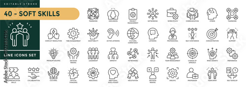  Soft Skills icons set with editable stroke, including communication, empathy, enthusiasm, assertiveness, personality, problem-solving, creativity. Thin linear vector illustration.