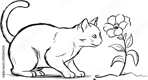 Curious Kitten Vector Set Cat Sniffing Flower Silhouette