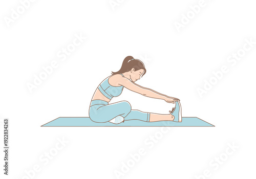 Woman performing seated forward bend stretch on yoga mat for flexibility and fitness workout routine
