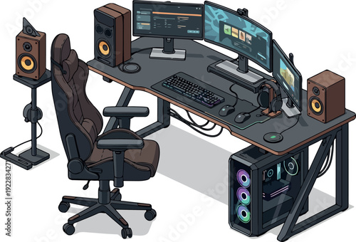 A modern workspace setup with a high-end gaming chair, multiple monitors, and advanced computer peripherals on a sleek desk