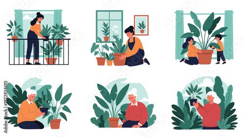 Collection of six illustrations showing diverse people of various ages caring for and watering their indoor houseplants and garden.
