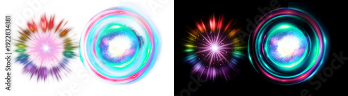 PNG image of Dynamic collection of abstract colorful light effects, featuring bright glowing starbursts and mesmerizing swirling cosmic portals, on transparent background. on transparent background