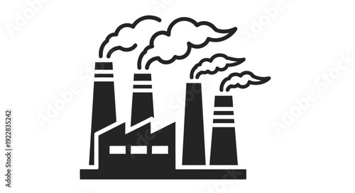 Black silhouette of factory buildings with multiple smokestacks emitting pollution