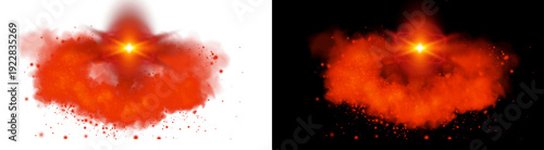 Tablou pe pânză PNG image of Bright starburst effect with a red and orange glowing fiery explosion of smoke and sparkling particles on transparent background