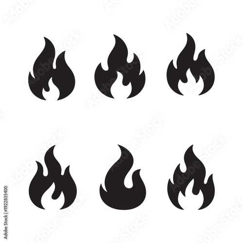 A creative set of burning fire flame icons and hot orange vector symbols featuring flat illustrations of dangerous blazing bonfires and flammable campfire elements for graphic design art
