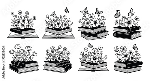 Black and white illustration of flowers butterflies and an open book