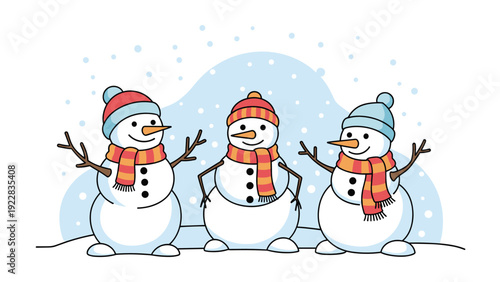 Illustration of three friendly snowmen wearing colorful striped scarves and hats standing in a winter landscape during a gentle snowfall.