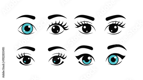 Set of eight stylized eye illustrations featuring different lash styles, iris colors, and brow shapes in a clean and modern graphic design.