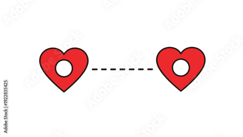 Two red heart-shaped map pin icons connected by a dashed line on a white background representing long distance love or relationship connection.
