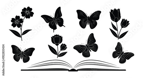 Black and white illustration of flowers butterflies and an open book
