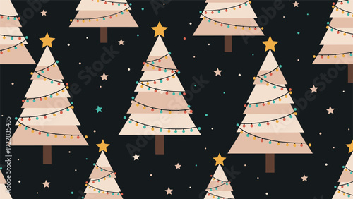 Seamless christmas tree pattern featuring white trees decorated with colorful light strings and golden stars on a solid dark black background.