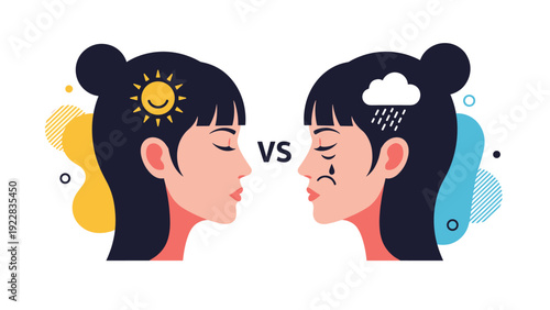 Comparison between positive and negative mental states represented by a woman with a sun versus a rain cloud in her mind for psychology.