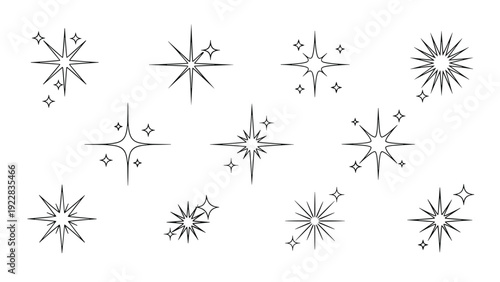 Collection of simple black line art star and sparkle icons on a white background for decorative graphic design and celestial themes.