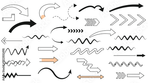 Diverse assortment of hand-drawn black arrows and wavy lines on a white background for directional pointers and creative design elements.
