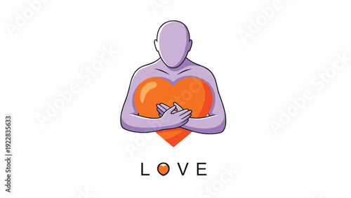 Silhouette of a person holding a large glowing orange heart against a white background to represent love, passion, and human connection.