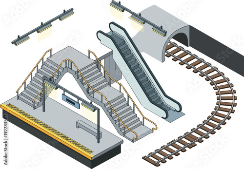 Escalator and staircase illustration showing different ways to access underground train tracks from a platform viewed from above