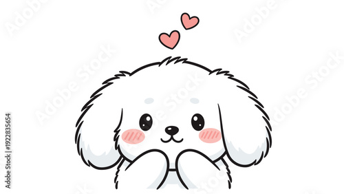 Adorable white fluffy puppy with pink cheeks and red hearts floating above its head expressing love, affection, and cute innocence.