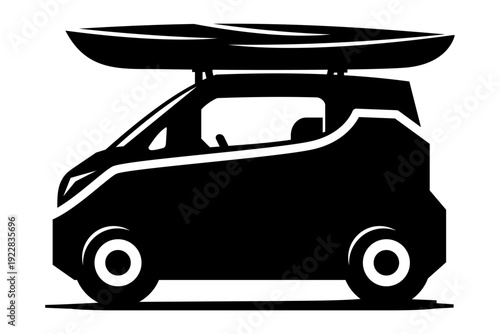 Black and white Compact EV with kayak on roof design art