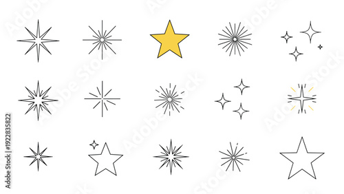 Set of simple black line star and sparkle icons with one yellow star for highlights, magic effects, and decorative graphic elements.