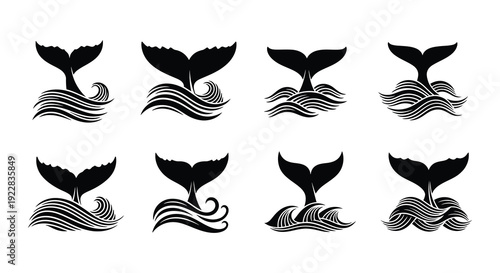Black and white illustration of whale tails emerging from ocean waves