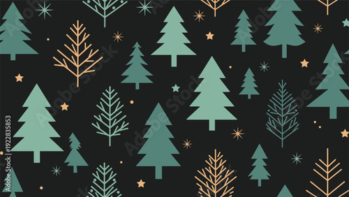 Forest pattern featuring stylized evergreen trees and stars in a dark green and peach color palette for nature and winter themes.
