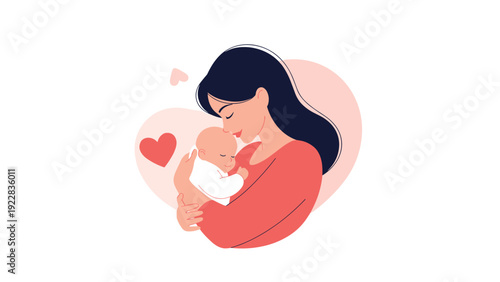 Heartwarming illustration of a mother hugging and kissing her newborn baby on the forehead in a tender expression of maternal love.