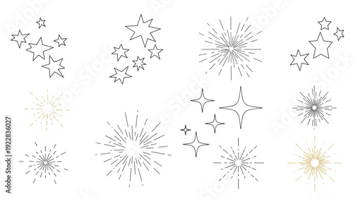 Collection of hand-drawn sparkling stars and sunburst symbols in black and gold colors ideal for adding a touch of magic to any graphic design.