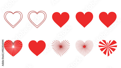 Assortment of red heart icons in diverse artistic styles including solid fill, outline, sunburst lines, and decorative stripes for valentines day.