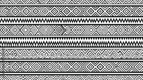 Detailed tribal geometric pattern in black and white featuring rows of diamonds and triangles for traditional ethnic ornament and fabric.