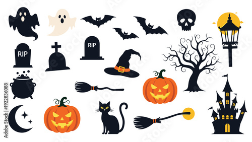 Spooky halloween silhouette collection including ghosts, bats, skulls, pumpkins, witch hats, and a haunted castle on a plain white background.