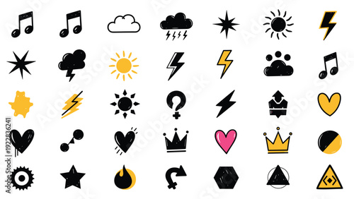 Large variety of hand-drawn vector icons covering themes like music, weather, lightning, hearts, stars, and crowns for creative design projects.