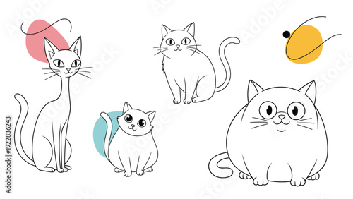 Set of four minimalist line drawings of cats in various sitting and standing poses with abstract pastel color shapes in the background.