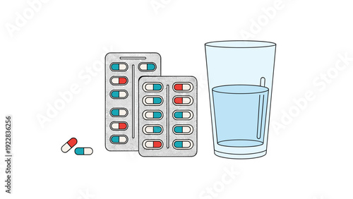 Pharmaceutical pills in blister packs along with loose capsules and glass of water for healthcare and medicine use.