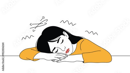Illustration of a tired woman sleeping with her head resting on her arms at a table with abstract dizzy lines indicating fatigue or boredom.