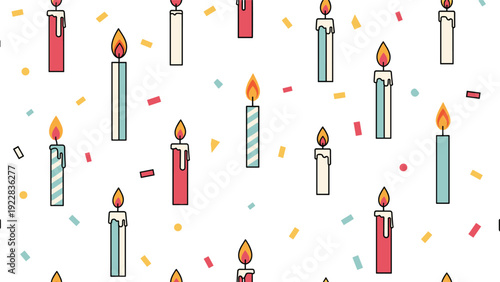 Colorful seamless pattern of burning candles with dripping wax and scattered confetti pieces on a white background for birthday celebrations.