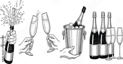 Realistic Champagne Illustration Collection Featuring Popping Bottle Flute Toast and Chilled Ice Bucket