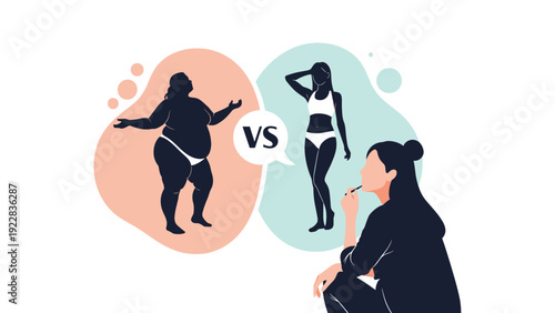 Woman thoughtfully comparing silhouettes of different body types representing body image and weight loss goals.