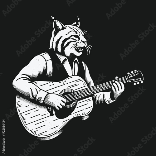 Lynx musician playing guitar in vintage style illustration.
