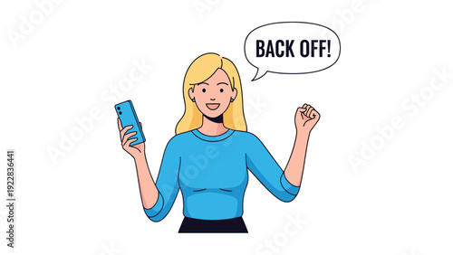 Confident young woman holding smartphone and raising fist while shouting back off in defensive or protest gesture.