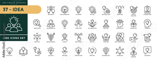Idea icons set with editable stroke, including research, creative idea, brainstorming, thinking, solution, innovation, lightbulb . Thin linear vector illustration.