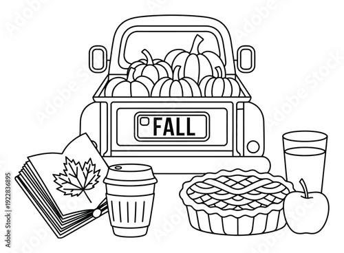 Autumn harvest truck with pumpkins, pie, apple, coffee, and book